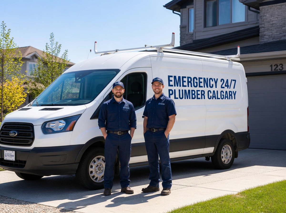 Emergency 24/7 Plumber Calgary service van and technicians at a Calgary home